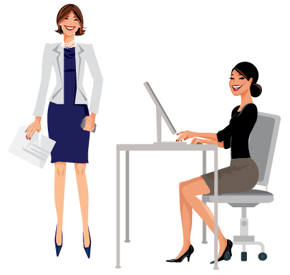 Office workers going over insurance paperwork and smiling.